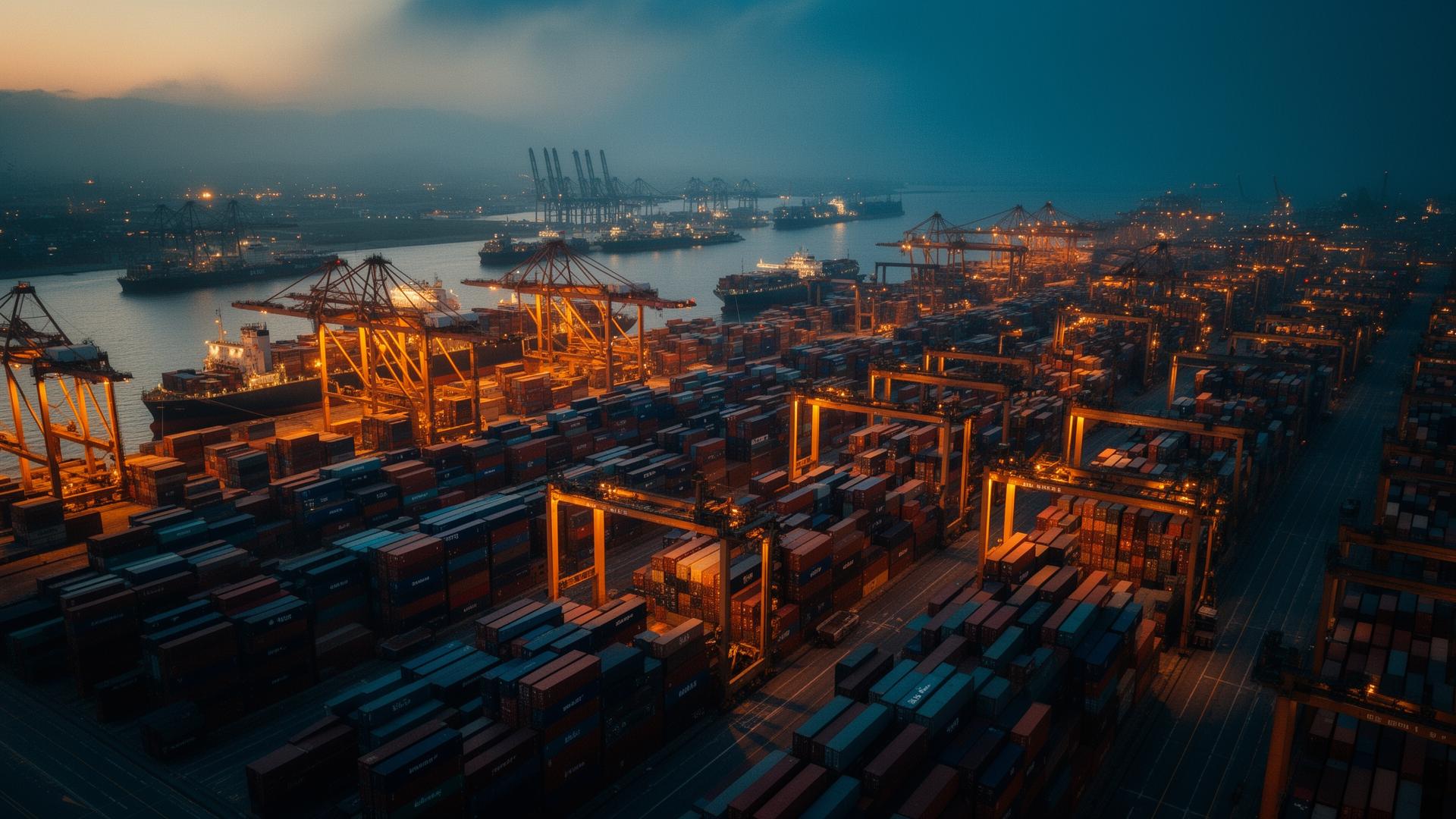 Aerial drone view of a global shipping port at dusk